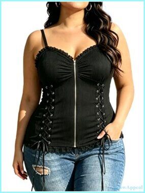 Plus Size Corset Top Lace Up Ribbed Tank Goth Streetwear Adjustable Straps